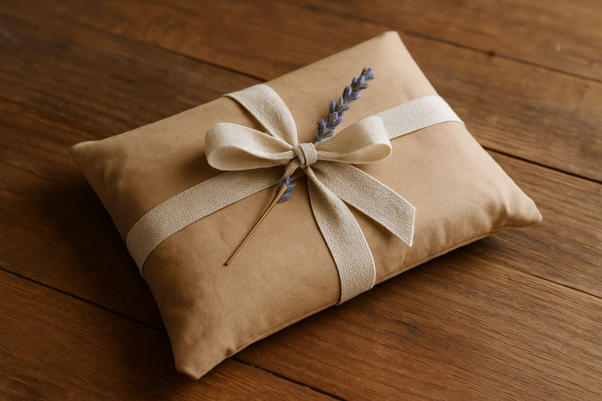 Bouillotte emballée dans du papier kraft avec un ruban
