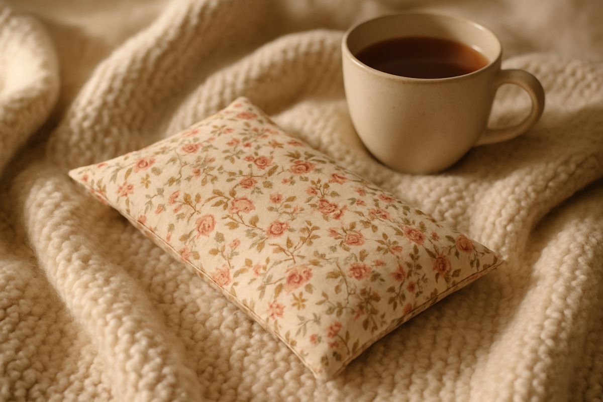 Bouillotte en coton fleuri posée sur un plaid, à côté d'une tasse de thé