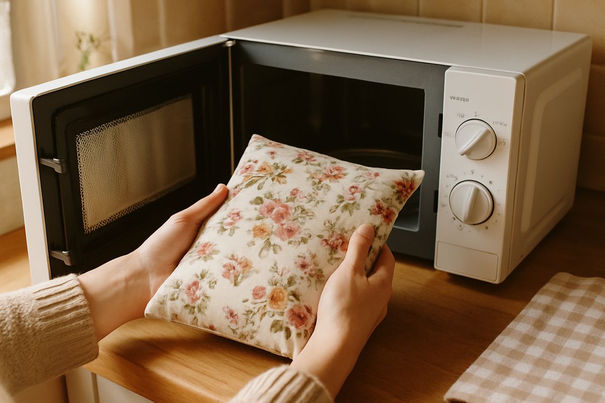 Mains sortant une bouillotte fleurie du micro-ondes